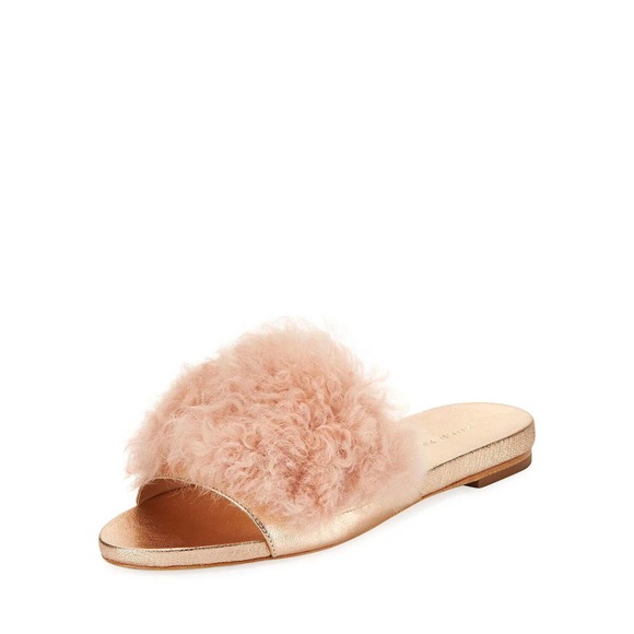 Loeffler Randall Domino Shearling Sheep Fur Flat Slides Pink / Rose Gold Sz- 8B - Picture 2 of 8